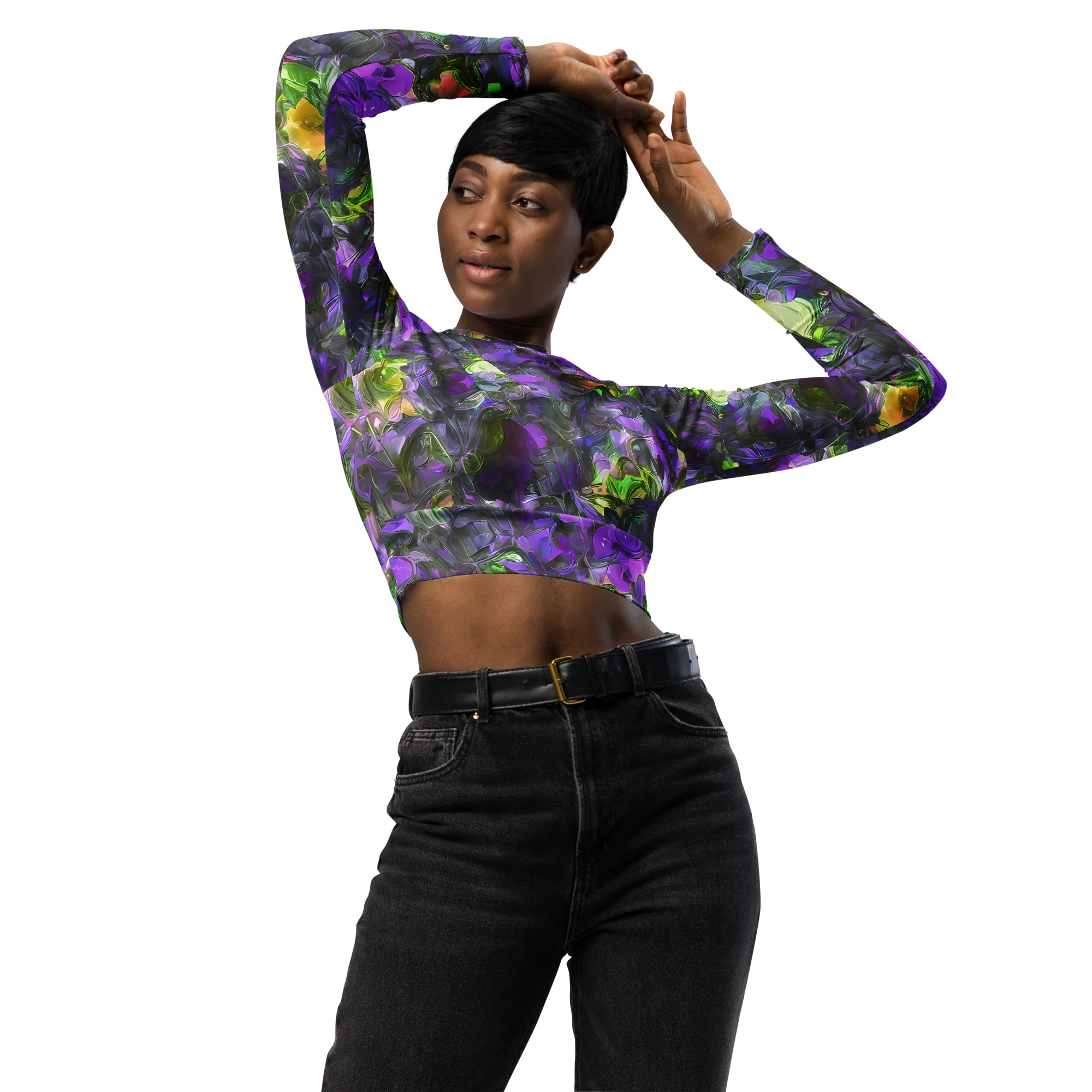 Plum Garden on Long Sleeve Crop Top — Front
