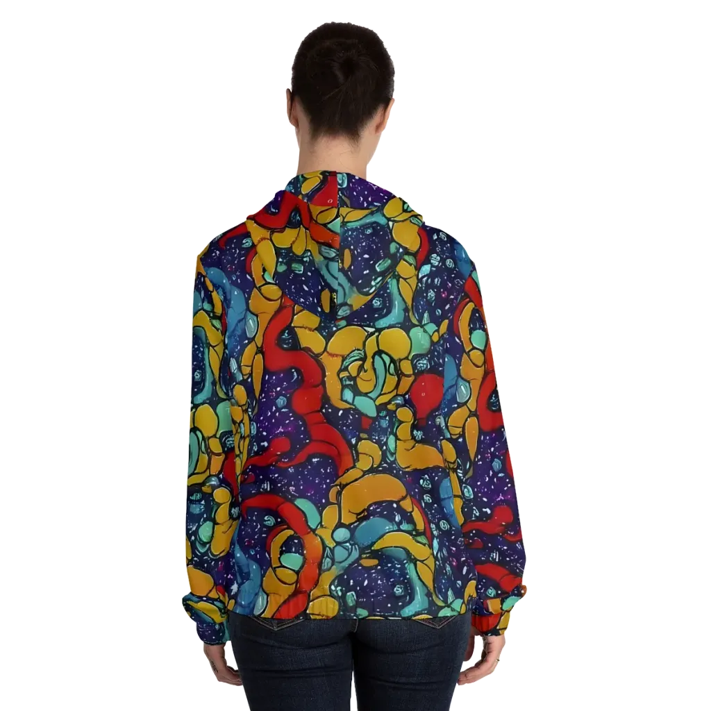 Cosmic Colorfall on Women's Full-Zip Hoodie — Back On Person