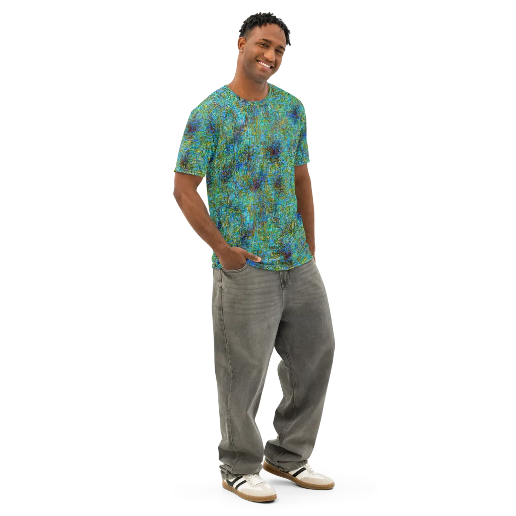 Neon Blueprint on Men's Cotton Crew Neck T-Shirt — Right Front