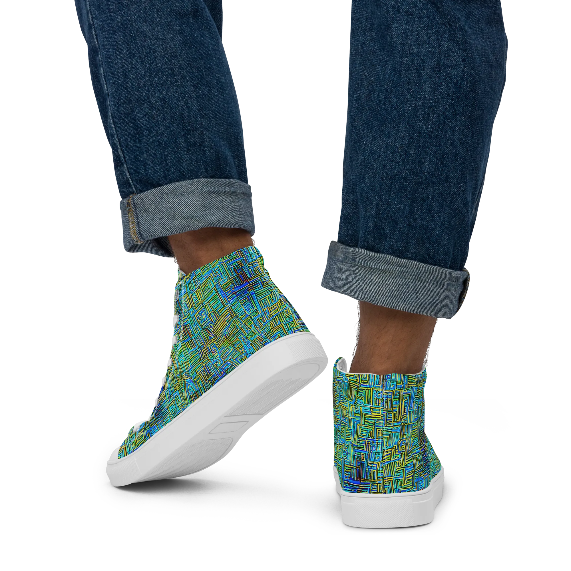 Neon Blueprint on Men's High Top Canvas Shoes — Back