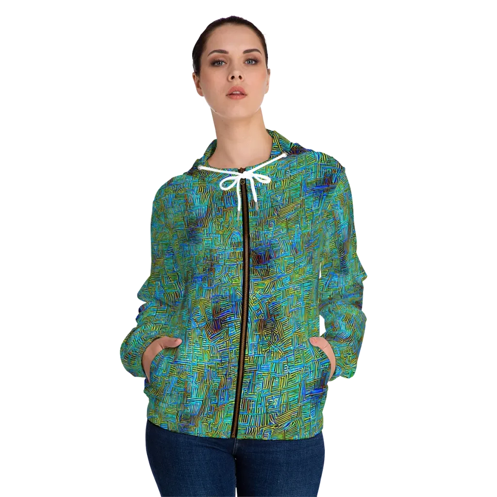 Neon Blueprint on Women's Full-Zip Hoodie — Front On Person