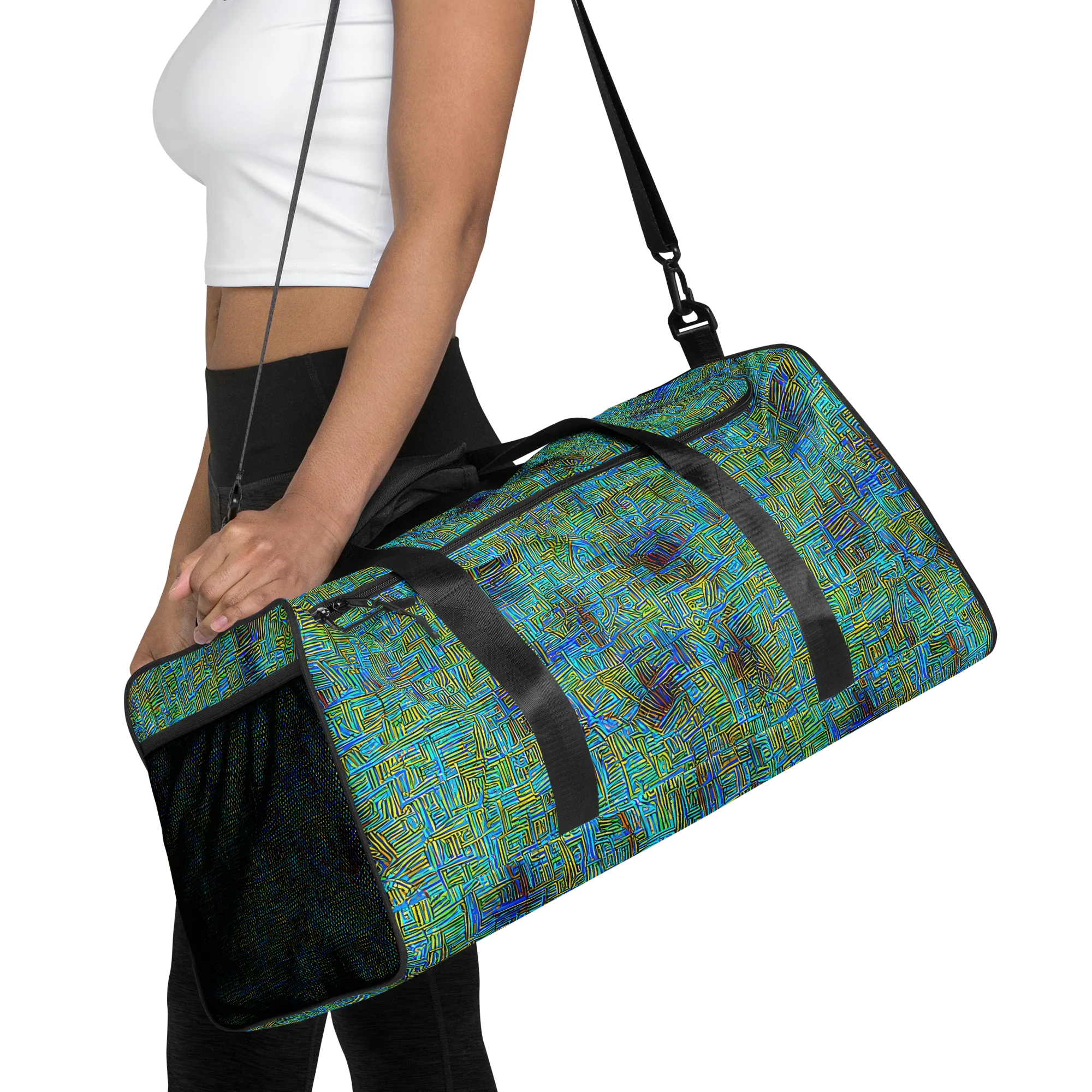 Neon Blueprint on Duffle Bag — Front