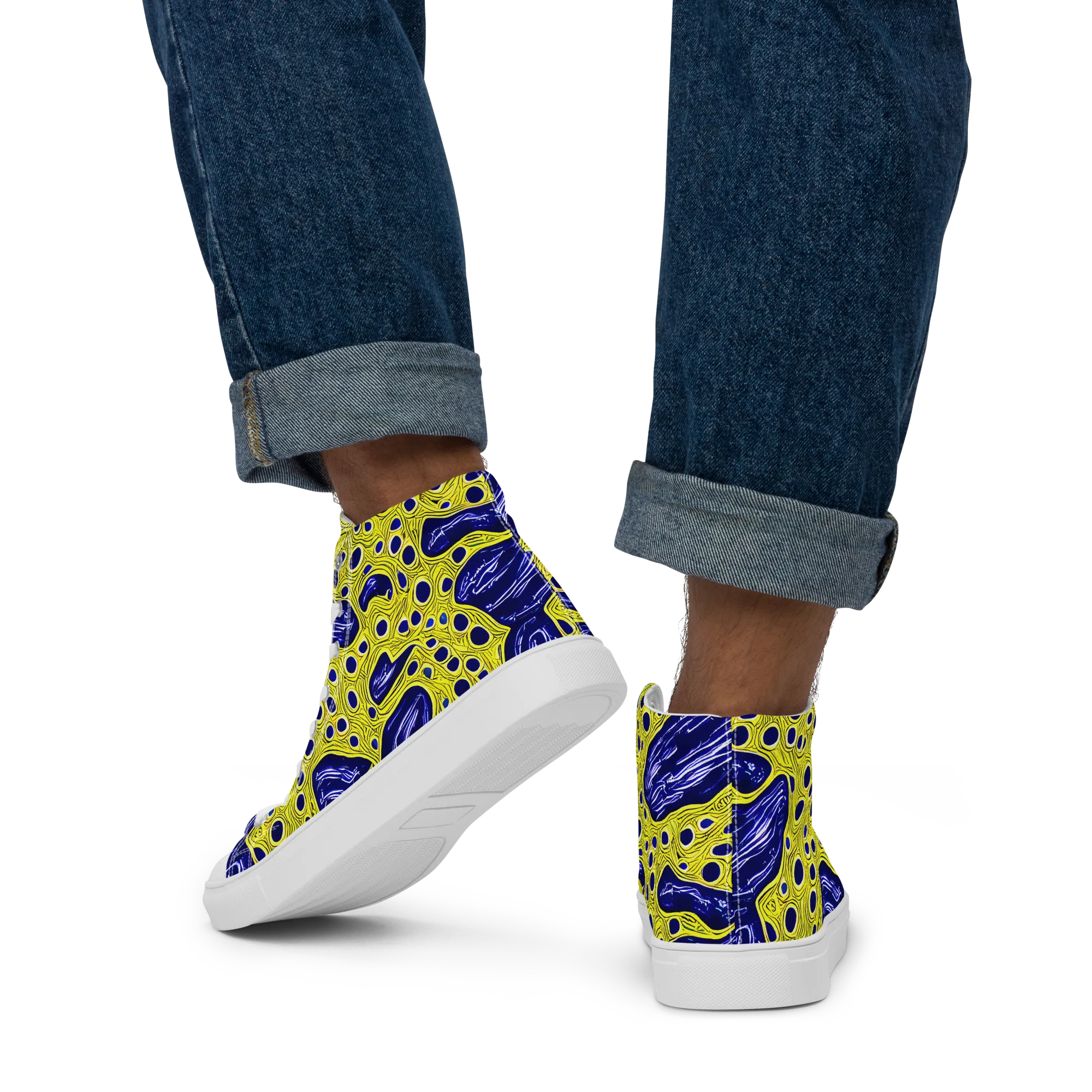 Cobalt Cellscape on Men's High Top Canvas Shoes — Back