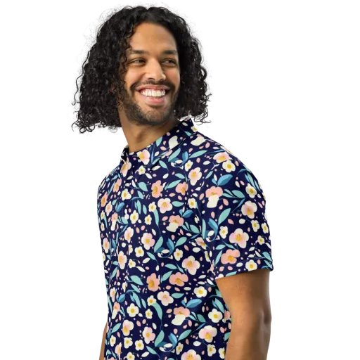 Midnight Camellia on a Men's Slim Fit Polo Shirt