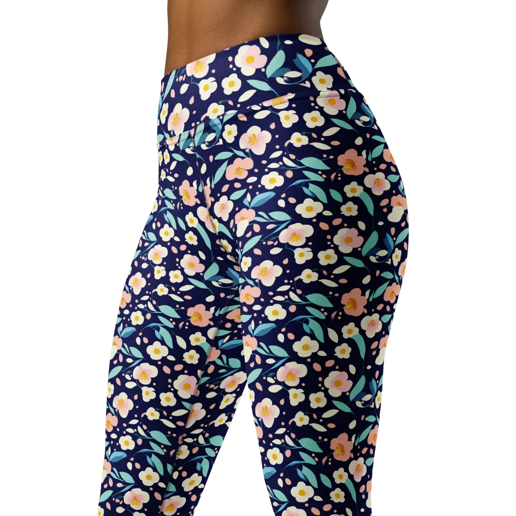Midnight Camellia on Yoga Leggings — Left Front