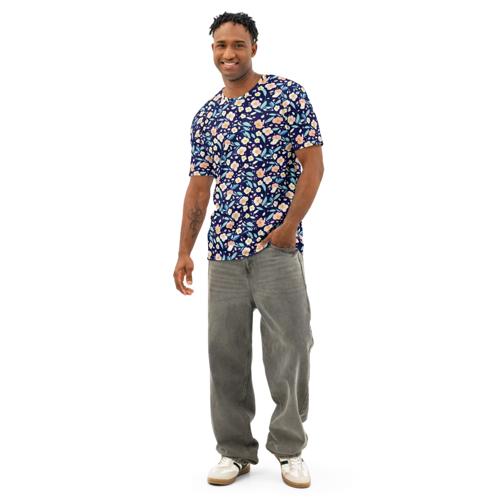 Midnight Camellia on Men's Cotton Crew Neck T-Shirt — Front