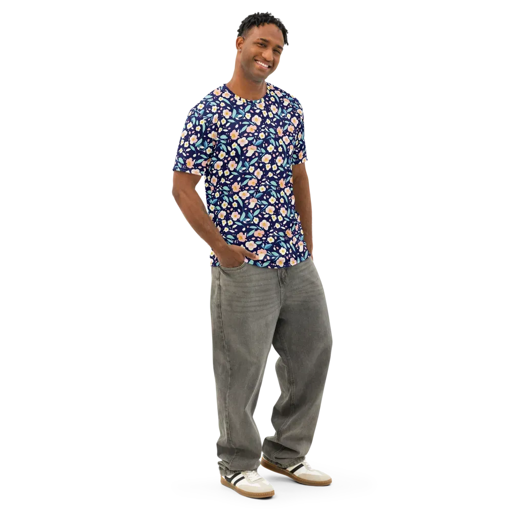 Midnight Camellia on Men's Cotton Crew Neck T-Shirt — Right Front