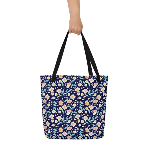 Midnight Camellia on a Large Tote Bag W/ Pocket