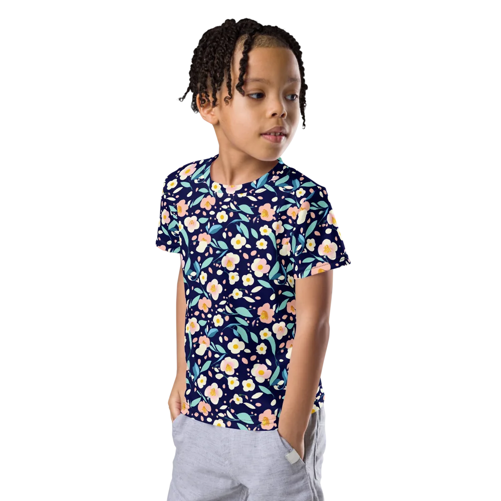 Midnight Camellia on Kids Crew Neck T-Shirt — Left Front