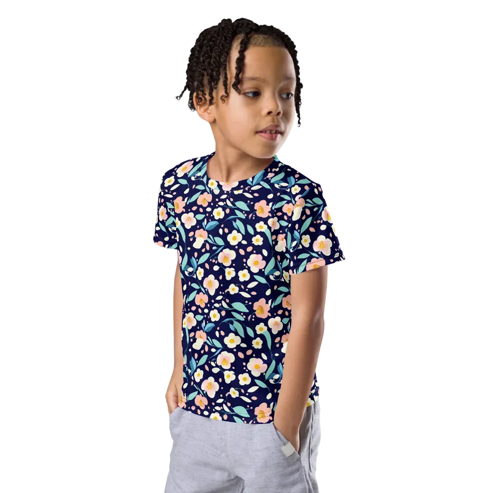 Midnight Camellia on Kids Crew Neck T-Shirt — Left Front