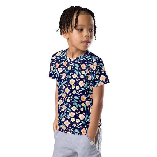 Midnight Camellia on a Kids Crew Neck T-Shirt