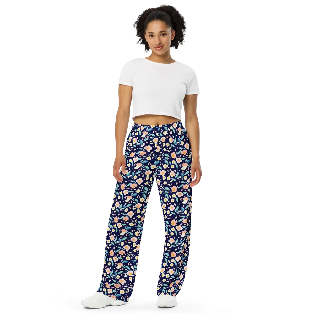 Midnight Camellia on Wide-Leg Pants — Front