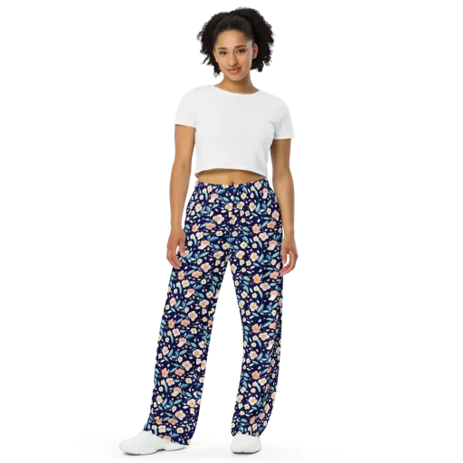 Midnight Camellia on a Wide-Leg Pants