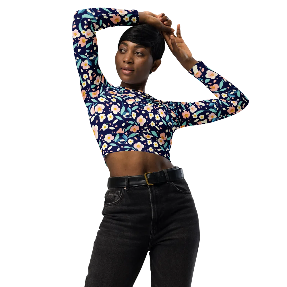 Midnight Camellia on Long Sleeve Crop Top — Front