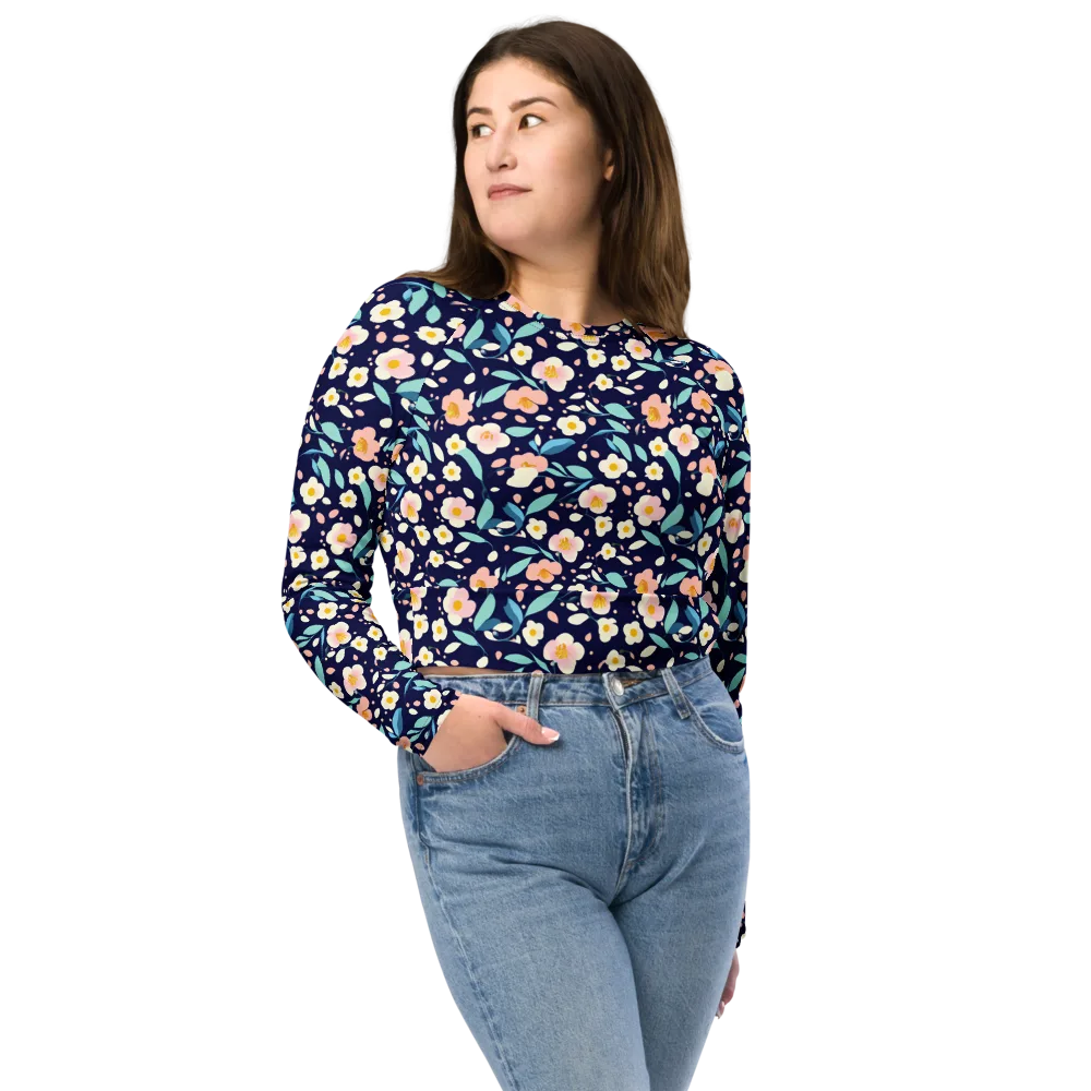 Midnight Camellia on Long Sleeve Crop Top — Front