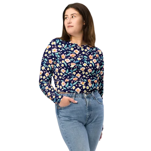 Midnight Camellia on a Long Sleeve Crop Top
