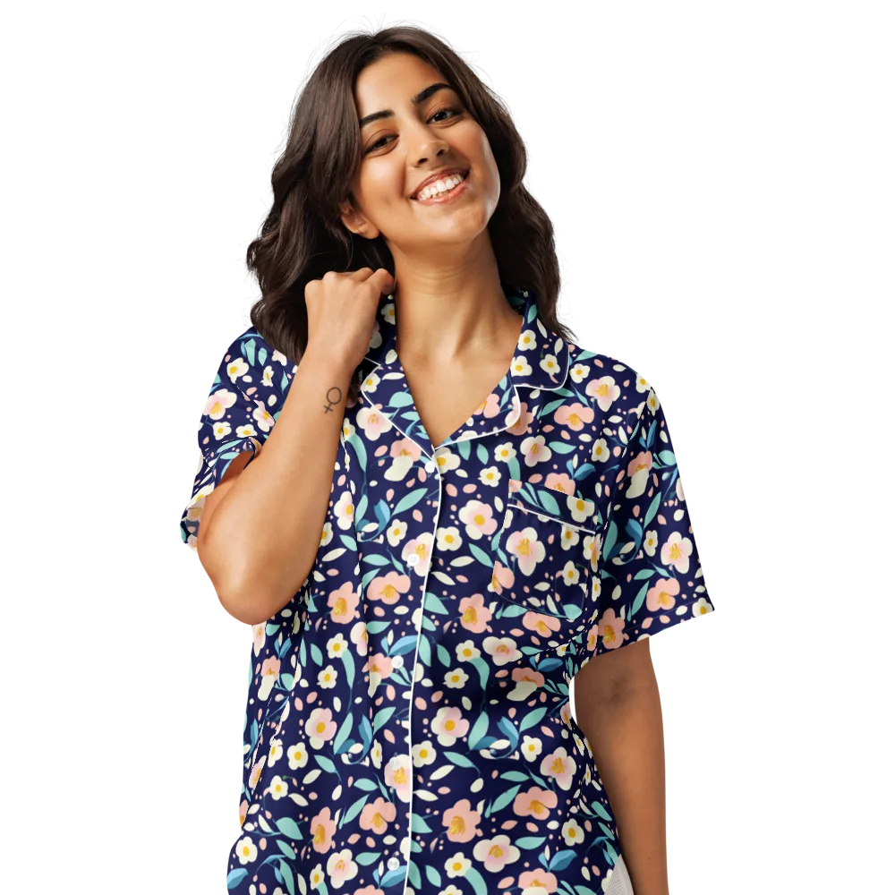 Midnight Camellia on Women's Short Sleeve Pajama Top — Front