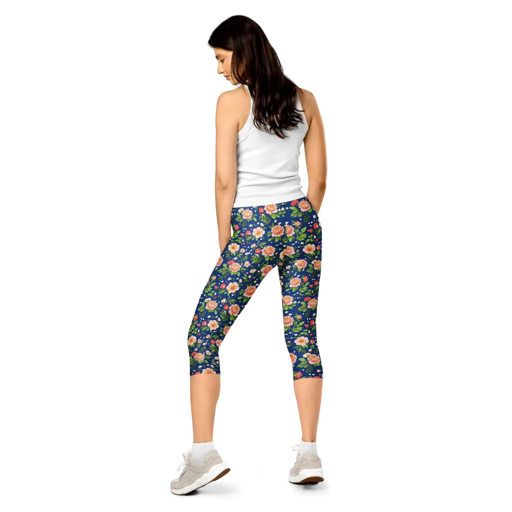 Midnight Peony on Capri Leggings — Back