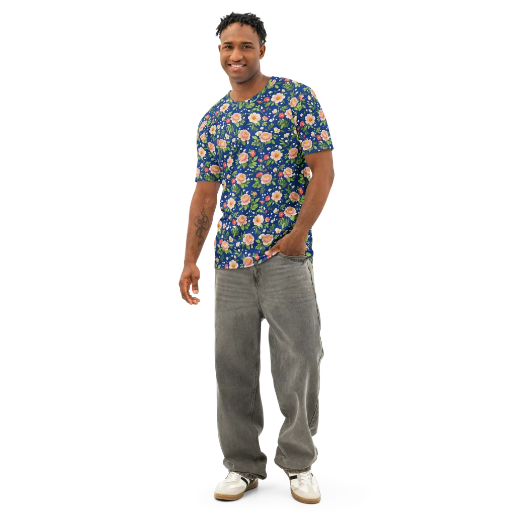 Midnight Peony on Men's Cotton Crew Neck T-Shirt — Front