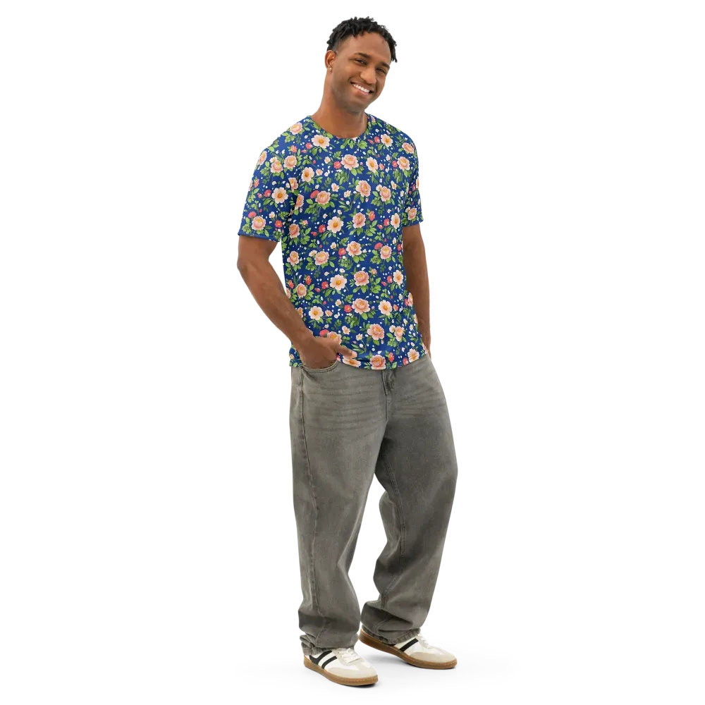 Midnight Peony on Men's Cotton Crew Neck T-Shirt — Right Front