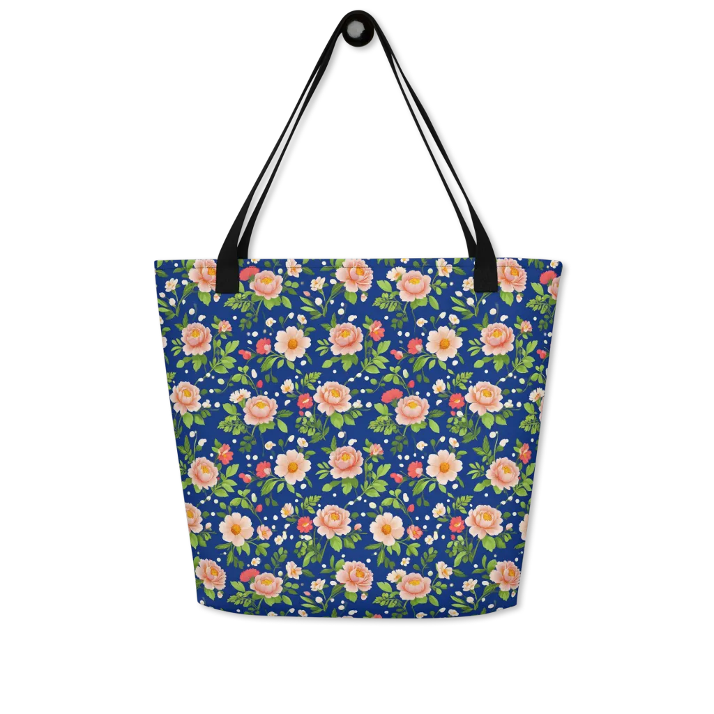Midnight Peony on Large Tote Bag W/ Pocket — Front