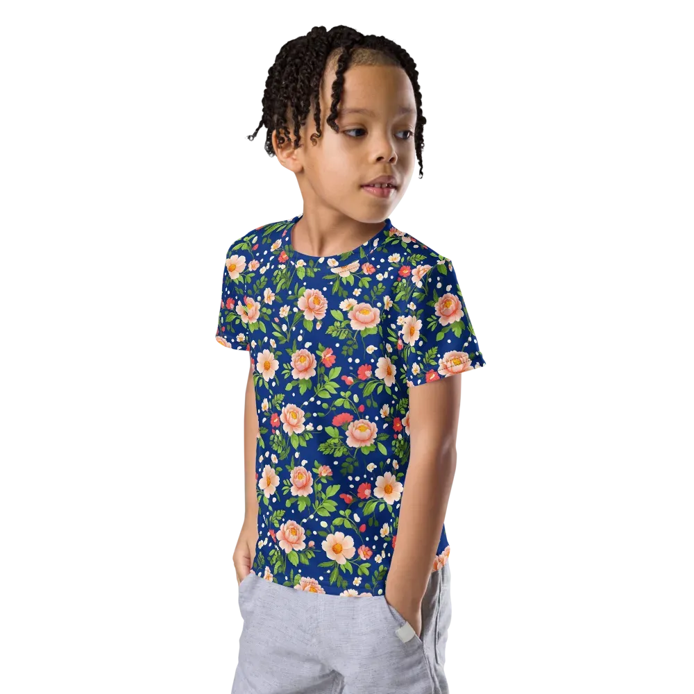 Midnight Peony on Kids Crew Neck T-Shirt — Left Front