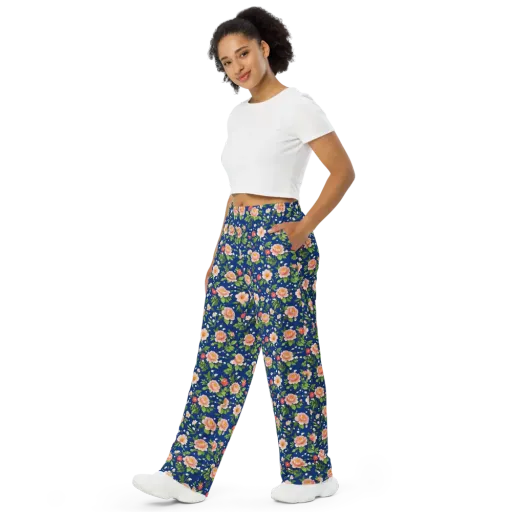 Midnight Peony on a Wide-Leg Pants