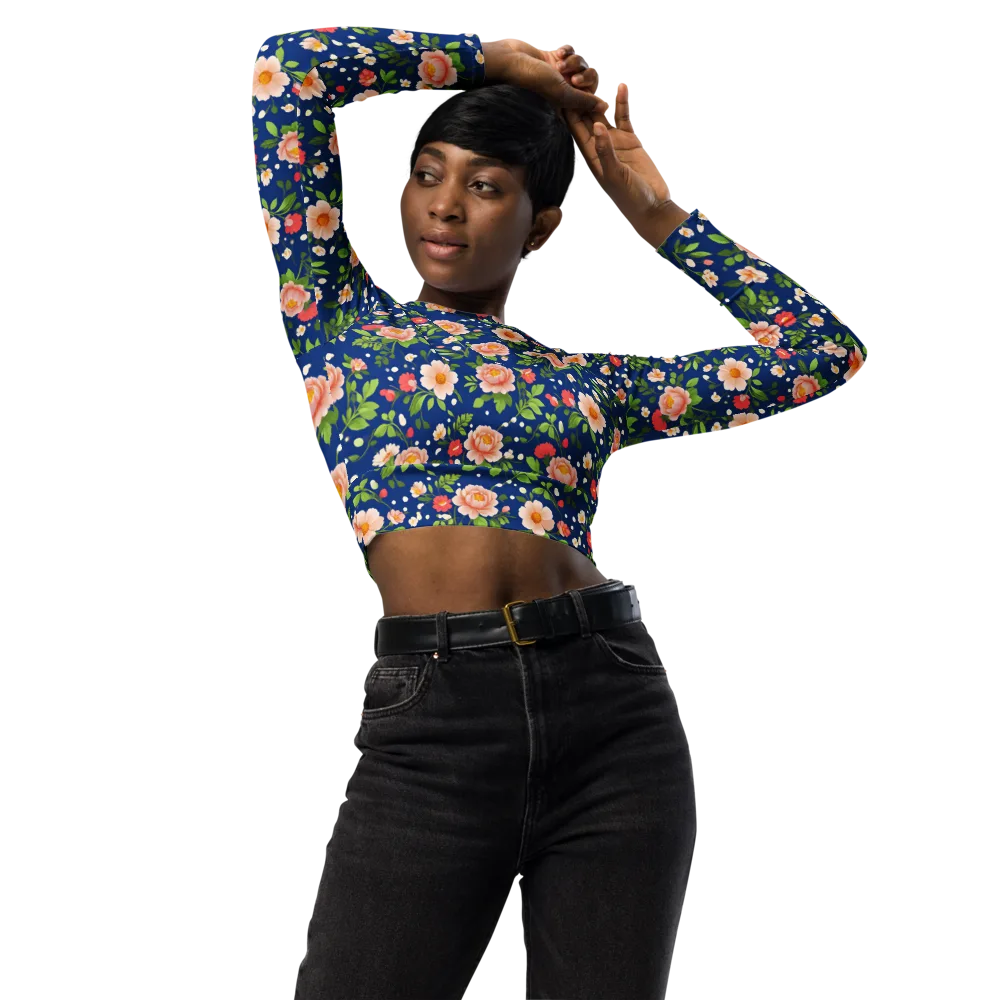 Midnight Peony on Long Sleeve Crop Top — Front
