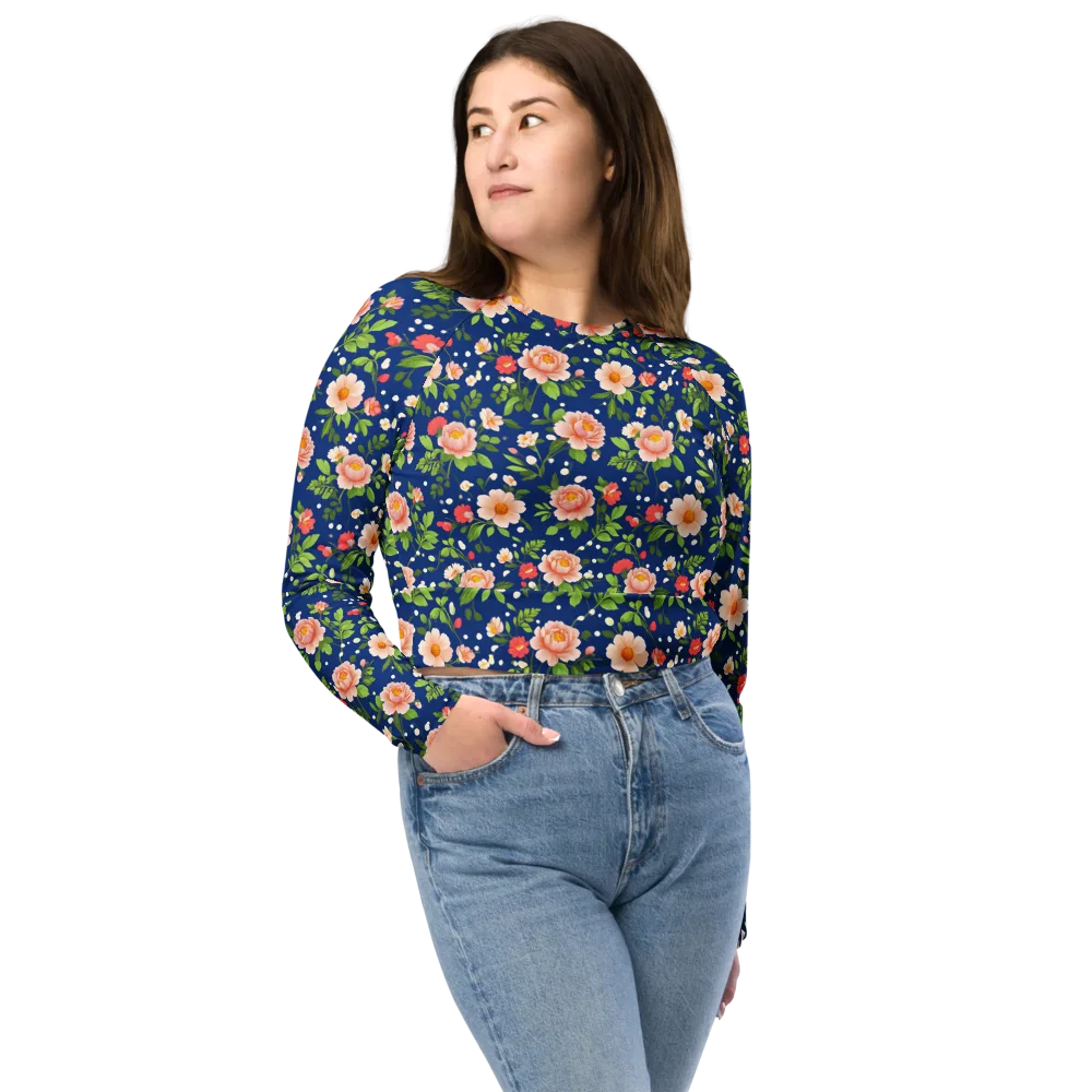 Midnight Peony on Long Sleeve Crop Top — Front