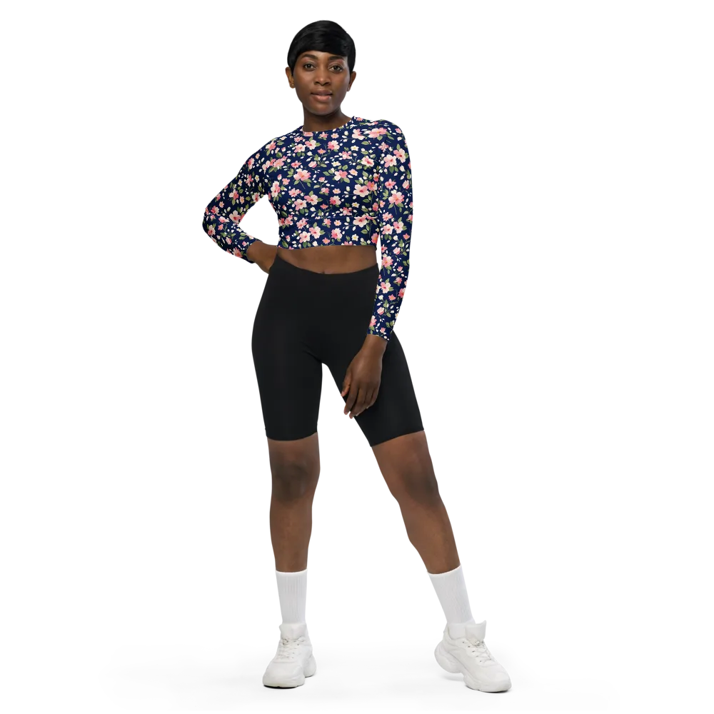 Midnight Blossom on Long Sleeve Crop Top — Front