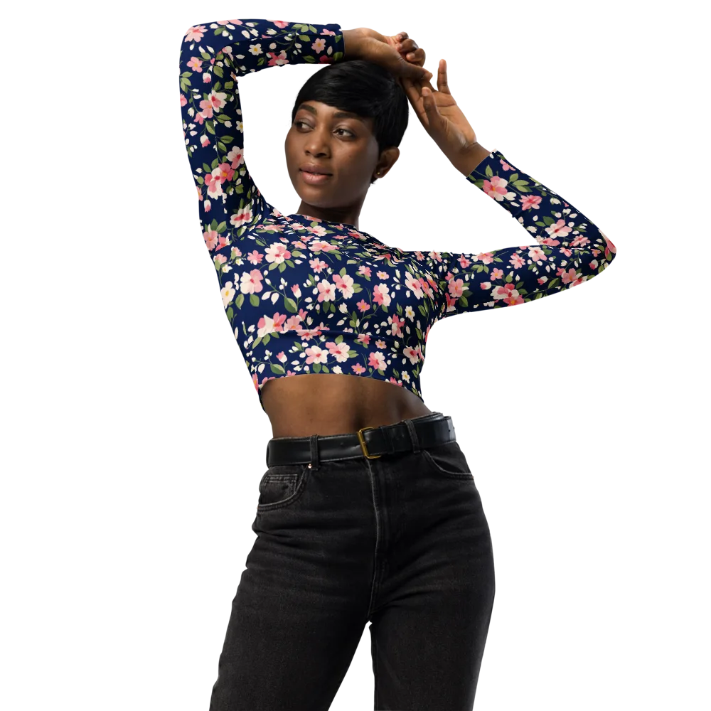 Midnight Blossom on Long Sleeve Crop Top — Front