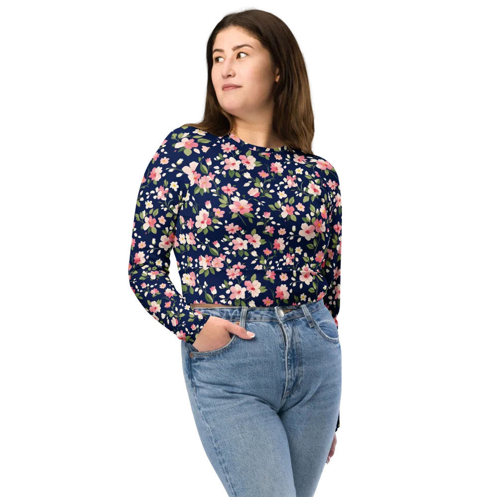 Midnight Blossom on Long Sleeve Crop Top — Front