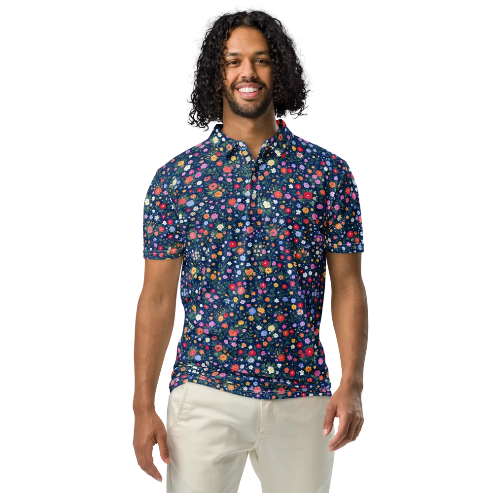 Navy Wildflower on Men's Slim Fit Polo Shirt — Front