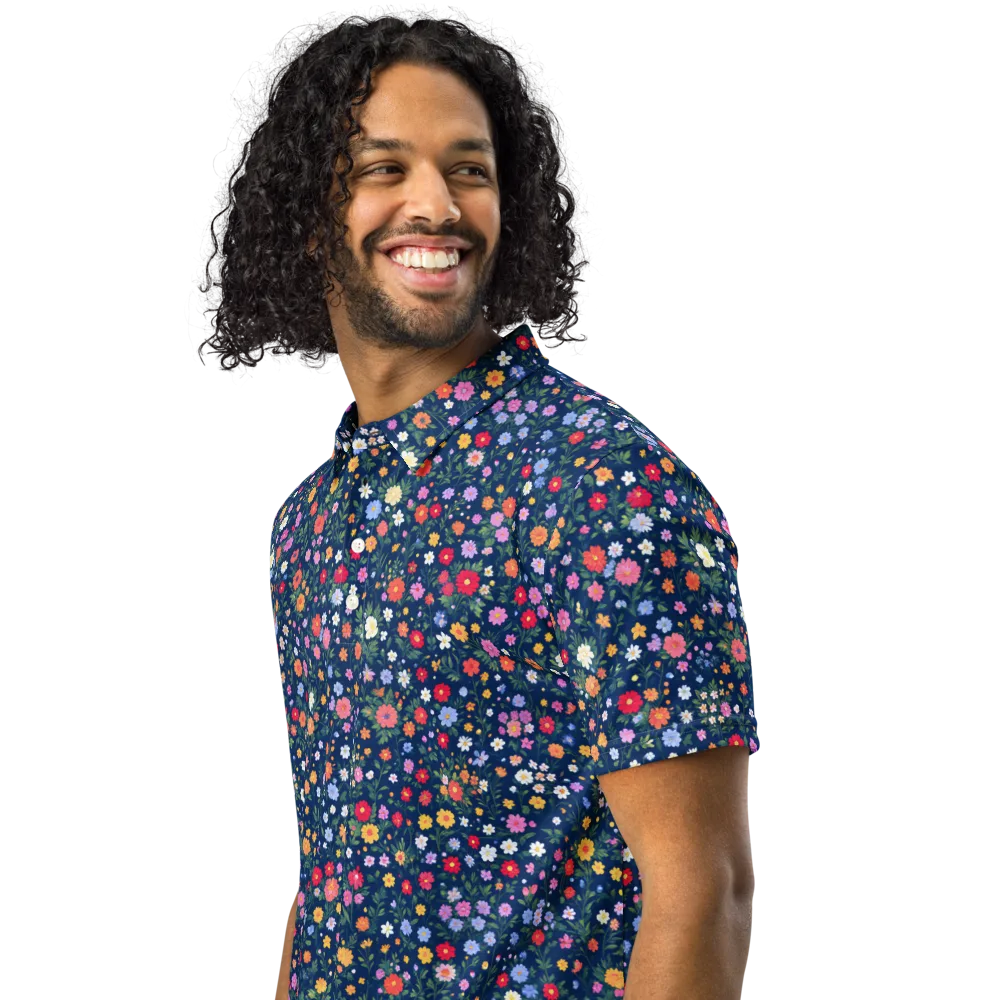 Navy Wildflower on Men's Slim Fit Polo Shirt — Left Front