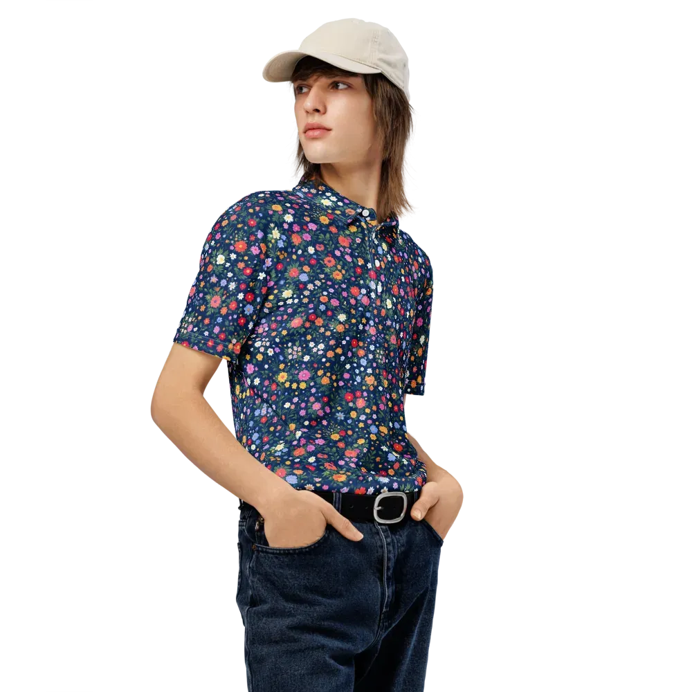 Navy Wildflower on Men's Slim Fit Polo Shirt — Right Front