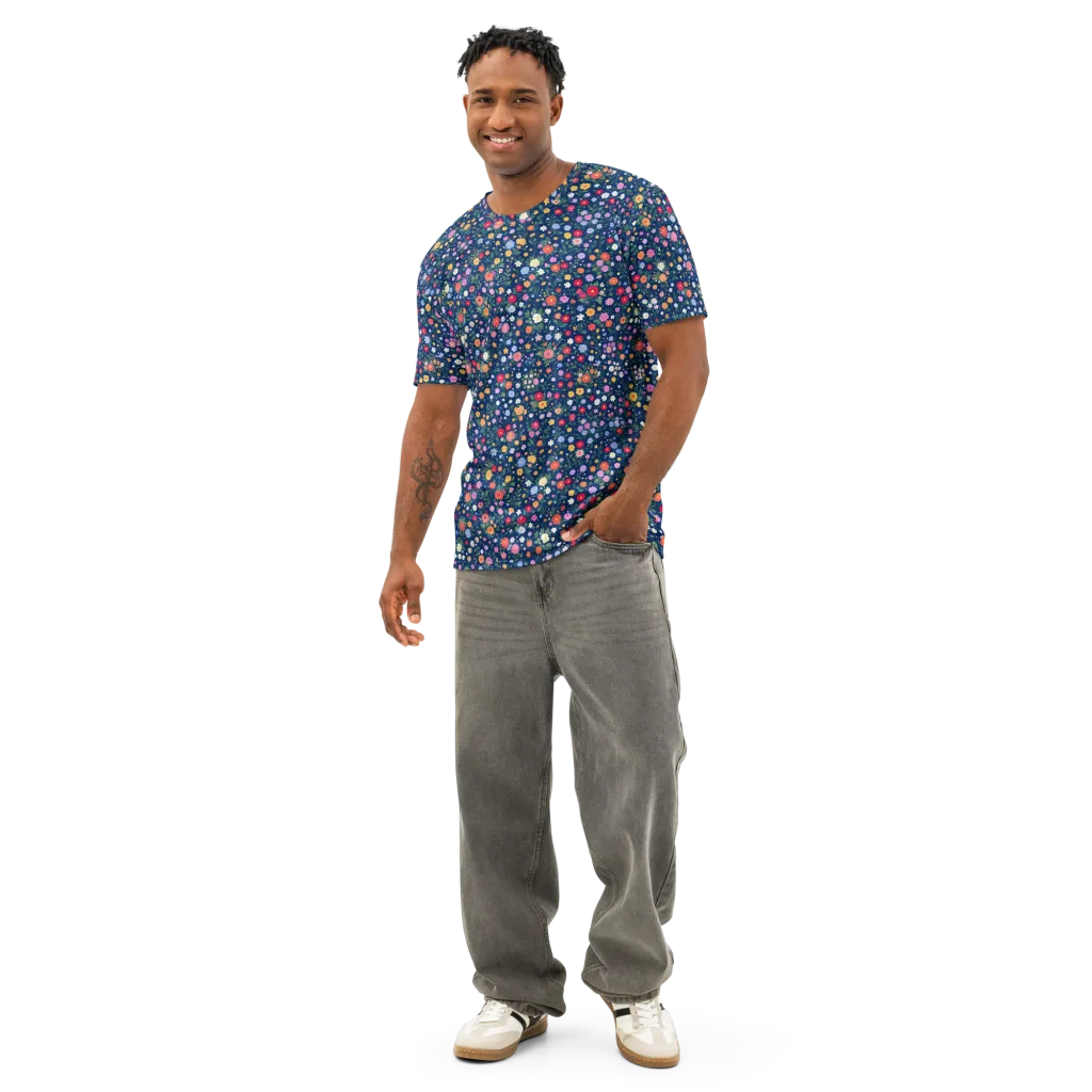 Navy Wildflower on Men's Cotton Crew Neck T-Shirt — Front