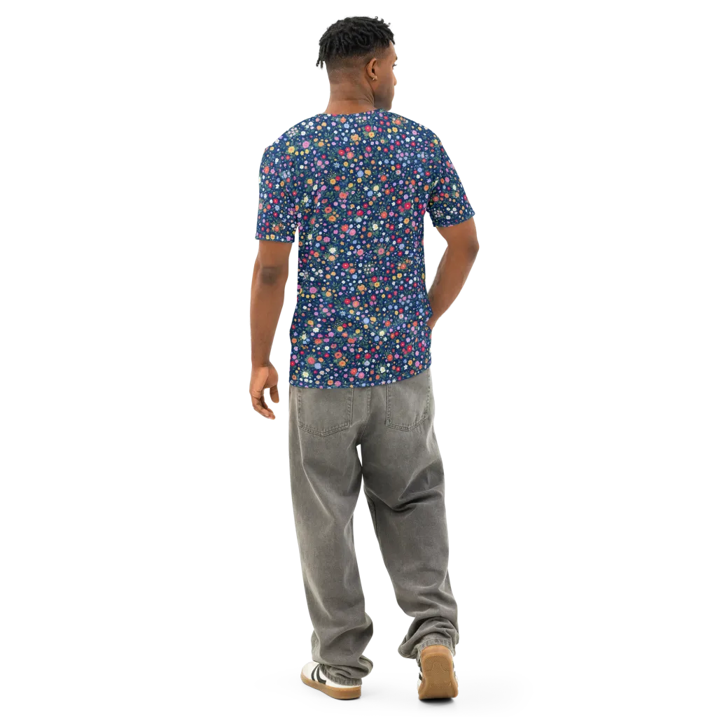 Navy Wildflower on Men's Cotton Crew Neck T-Shirt — Back