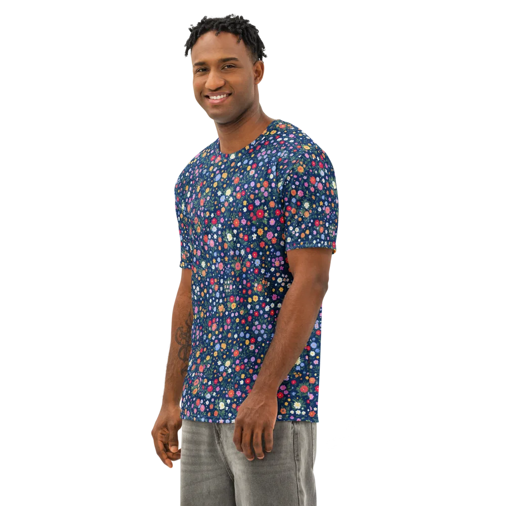Navy Wildflower on Men's Cotton Crew Neck T-Shirt — Left Front