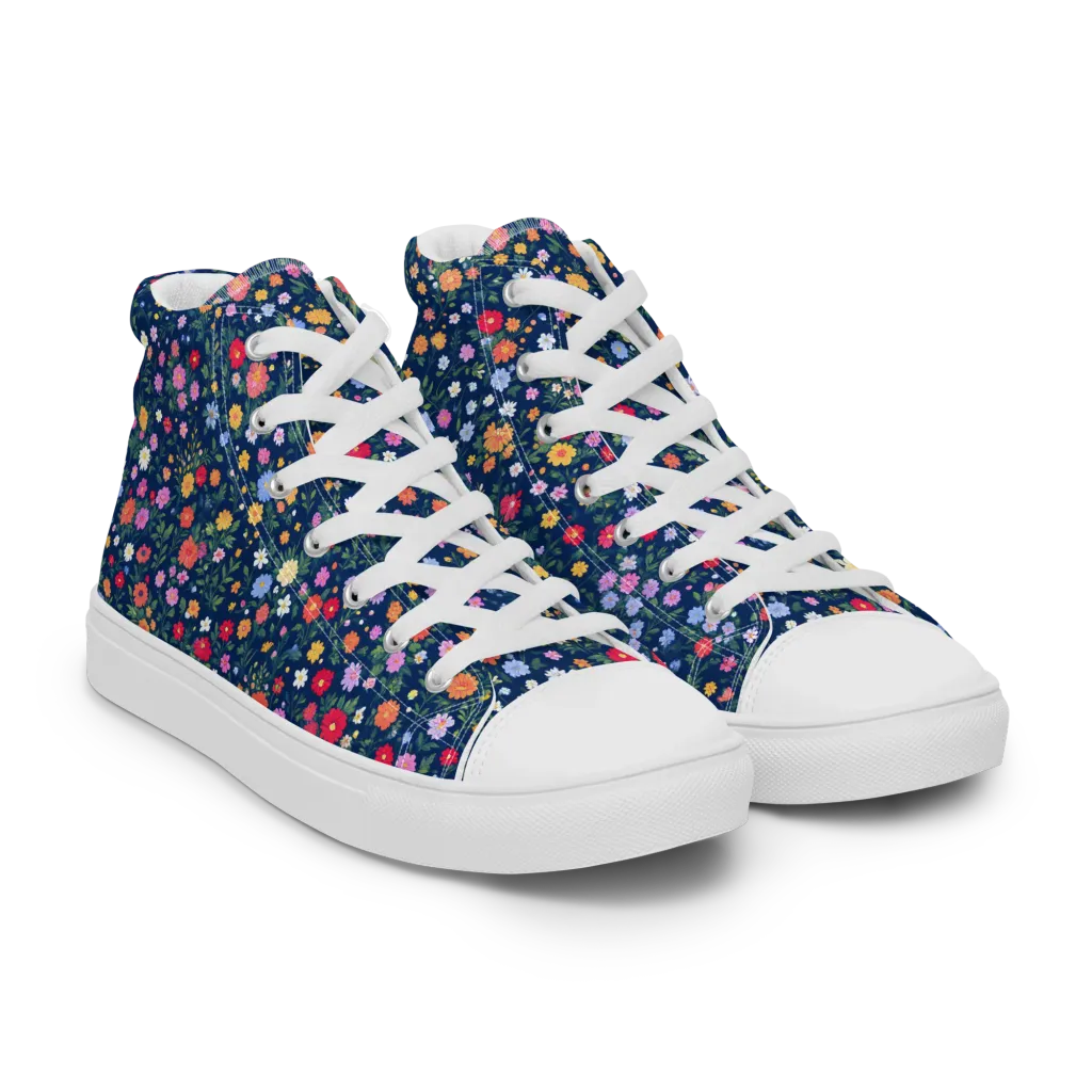 Navy Wildflower on Men's High Top Canvas Shoes — Right Front