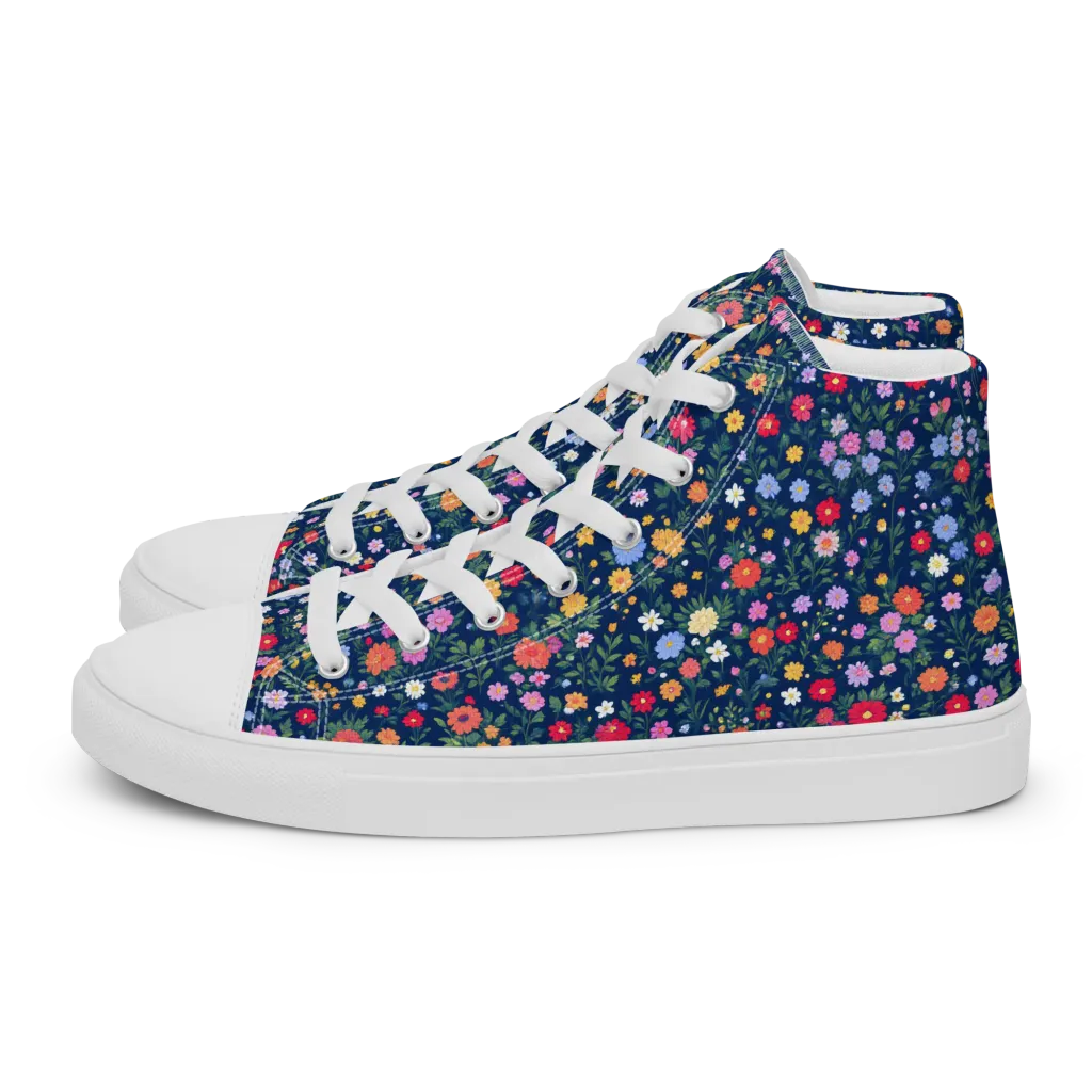 Navy Wildflower on Men's High Top Canvas Shoes — Left