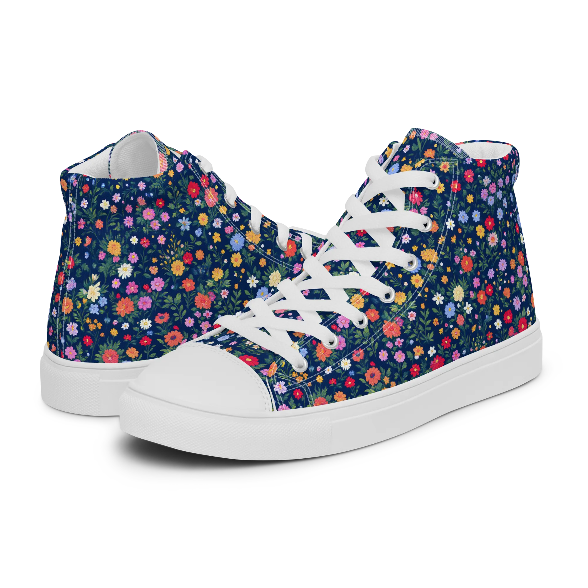 Navy Wildflower on Men's High Top Canvas Shoes — Left