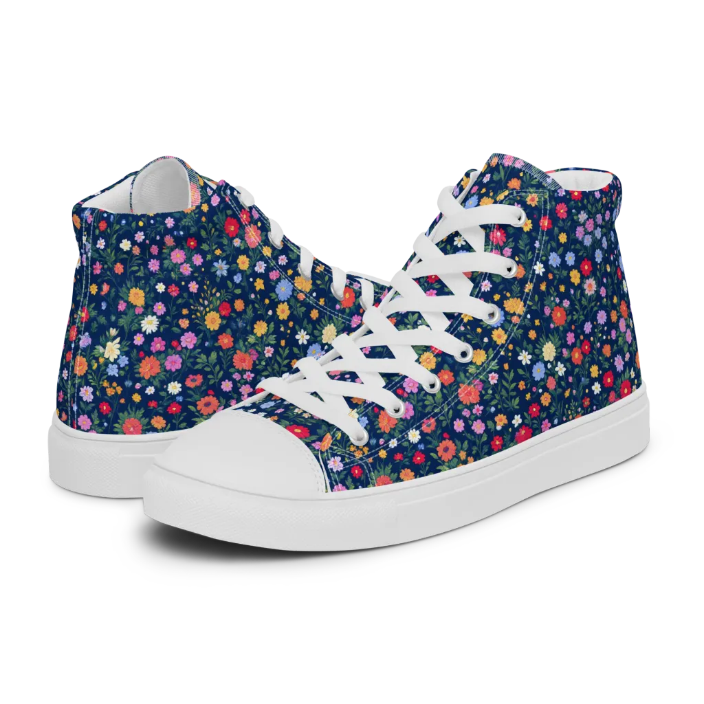 Navy Wildflower on Men's High Top Canvas Shoes — Left