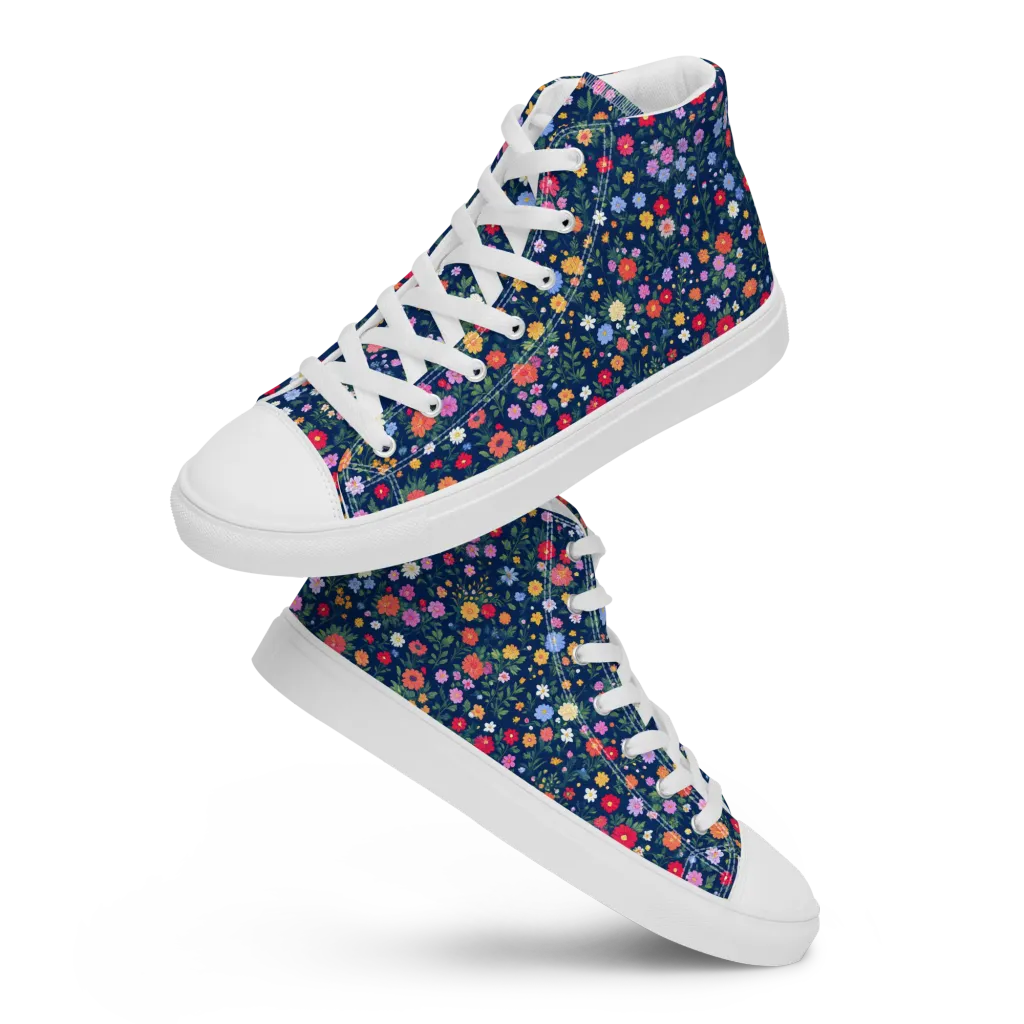 Navy Wildflower on Men's High Top Canvas Shoes — Front