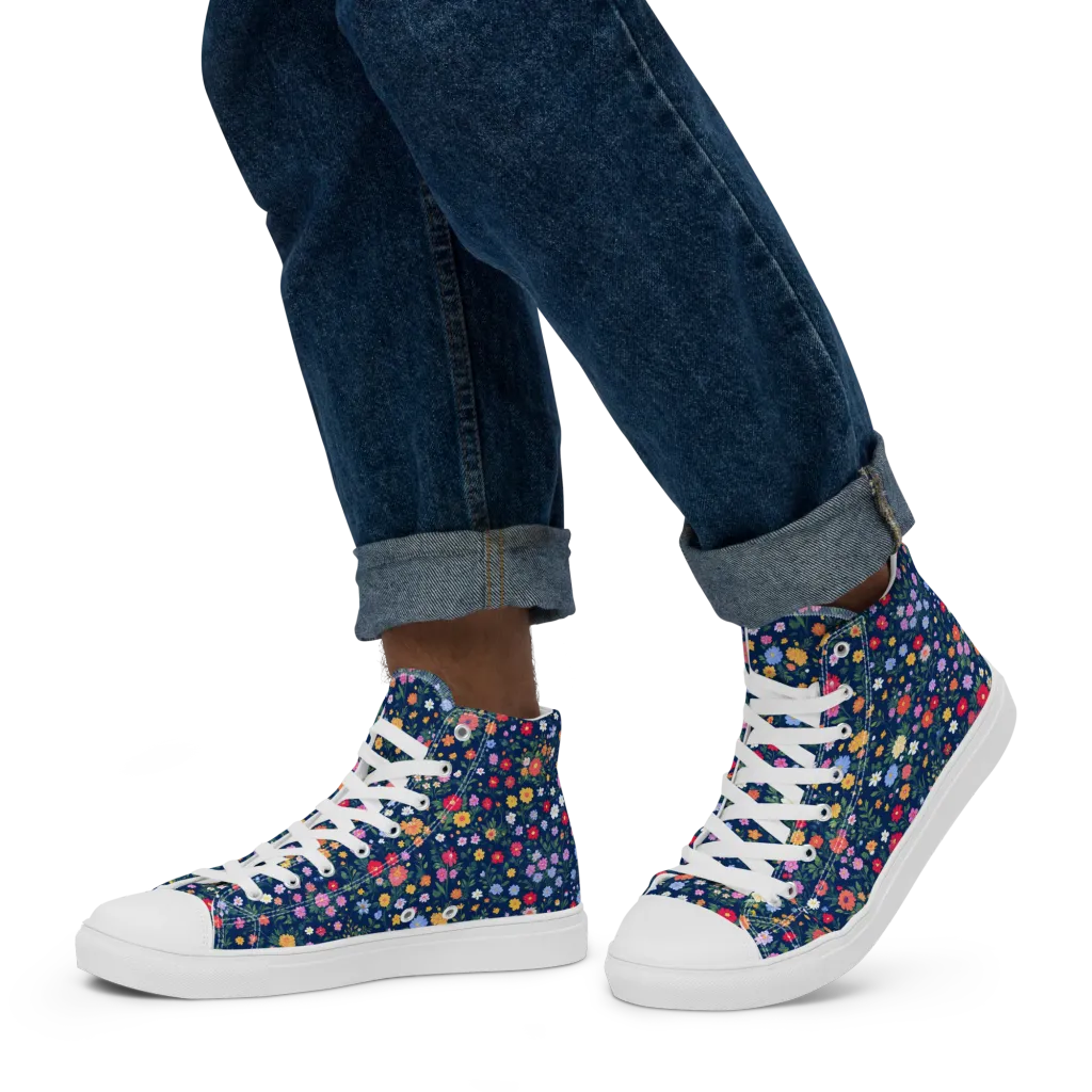 Navy Wildflower on Men's High Top Canvas Shoes — Left
