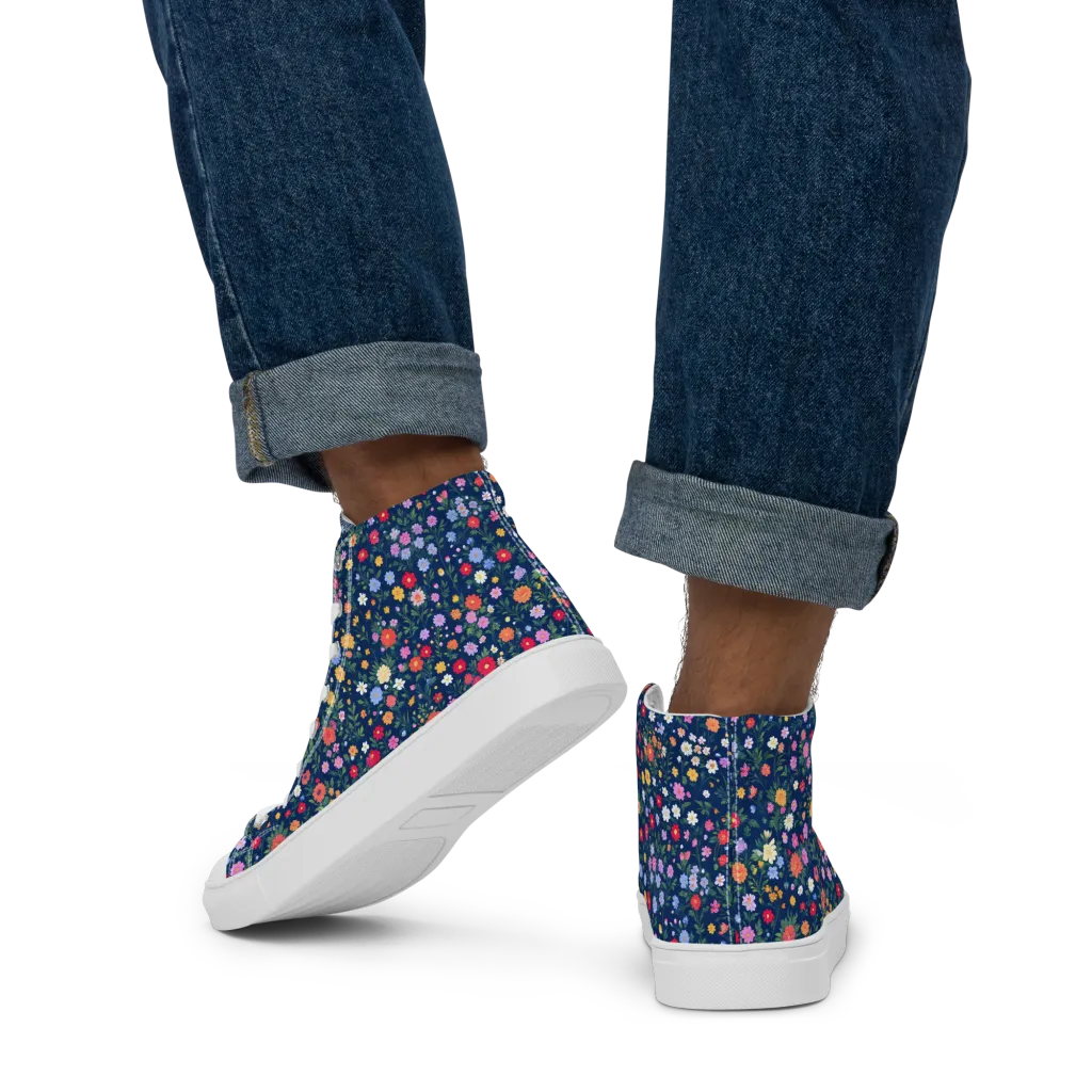 Navy Wildflower on Men's High Top Canvas Shoes — Back