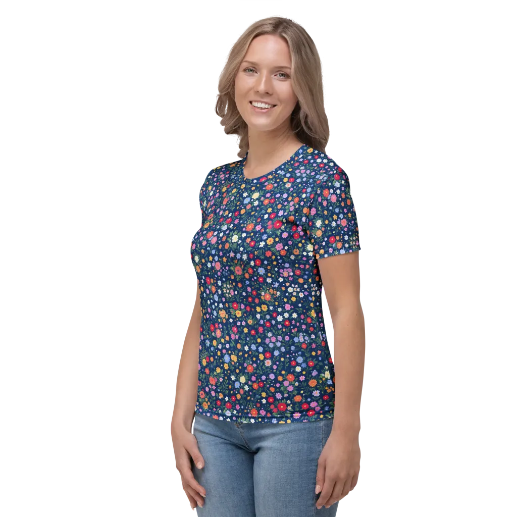 Navy Wildflower on Women's Crew Neck T-Shirt — Left