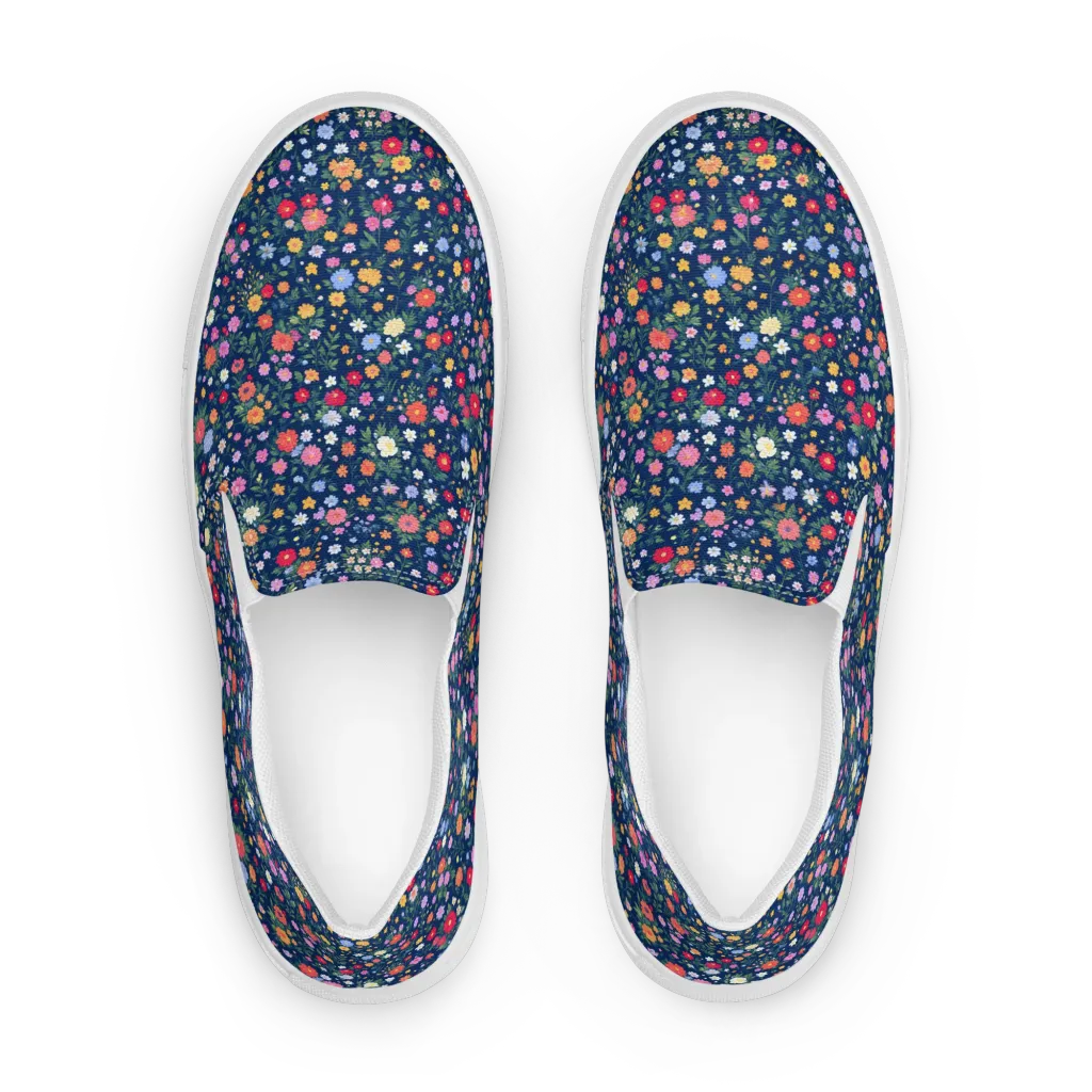 Navy Wildflower on Men's Slip-On Canvas Shoes — Front