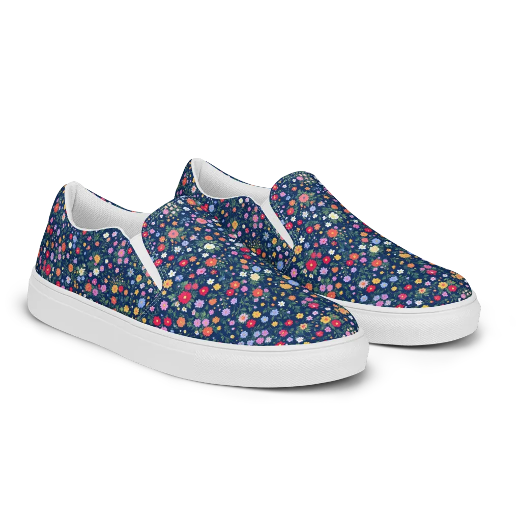 Navy Wildflower on Men's Slip-On Canvas Shoes — Right Front