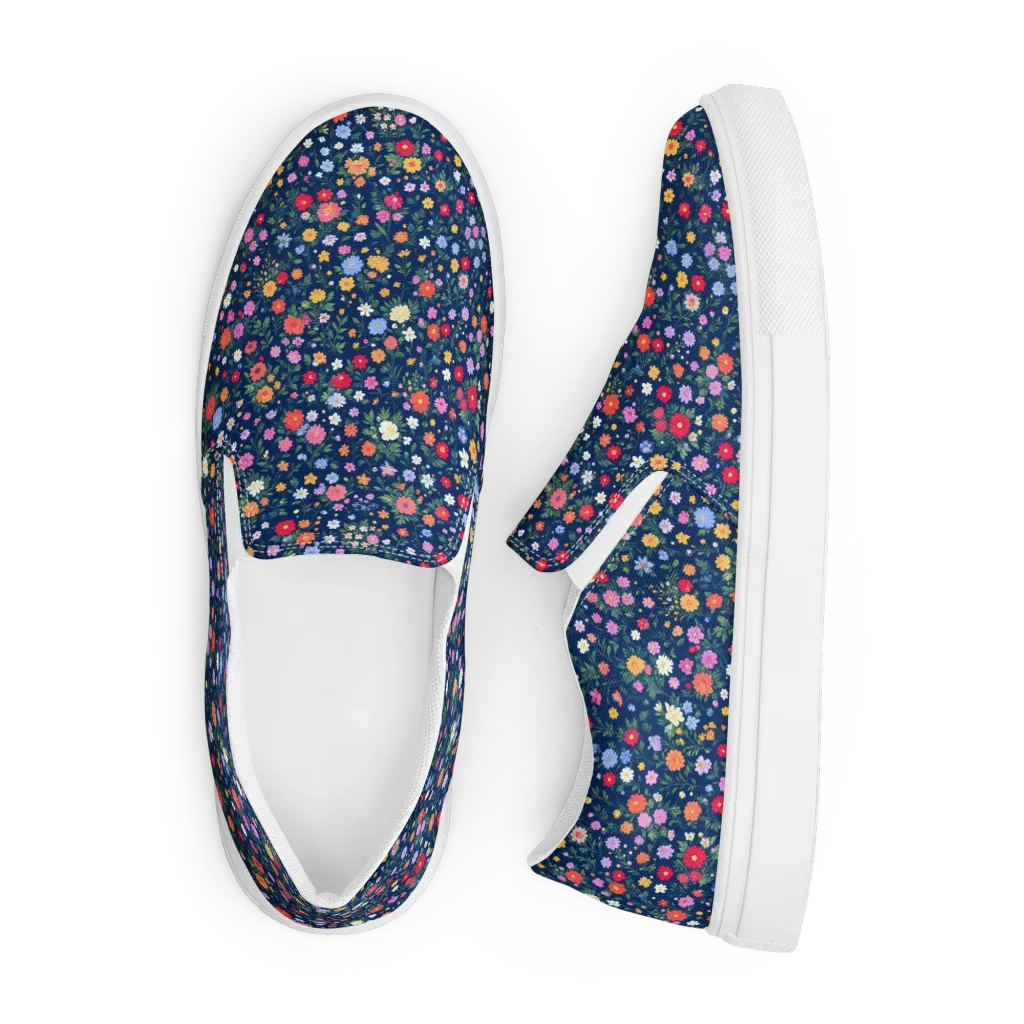 Navy Wildflower on Men's Slip-On Canvas Shoes — Front