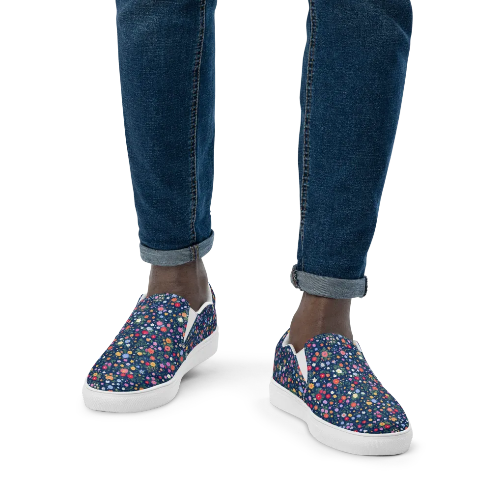 Navy Wildflower on Men's Slip-On Canvas Shoes — Front